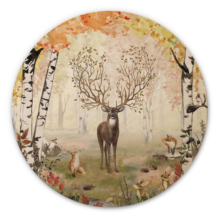 Tableau sur bois rond Kikki Belle - Cerf en automne