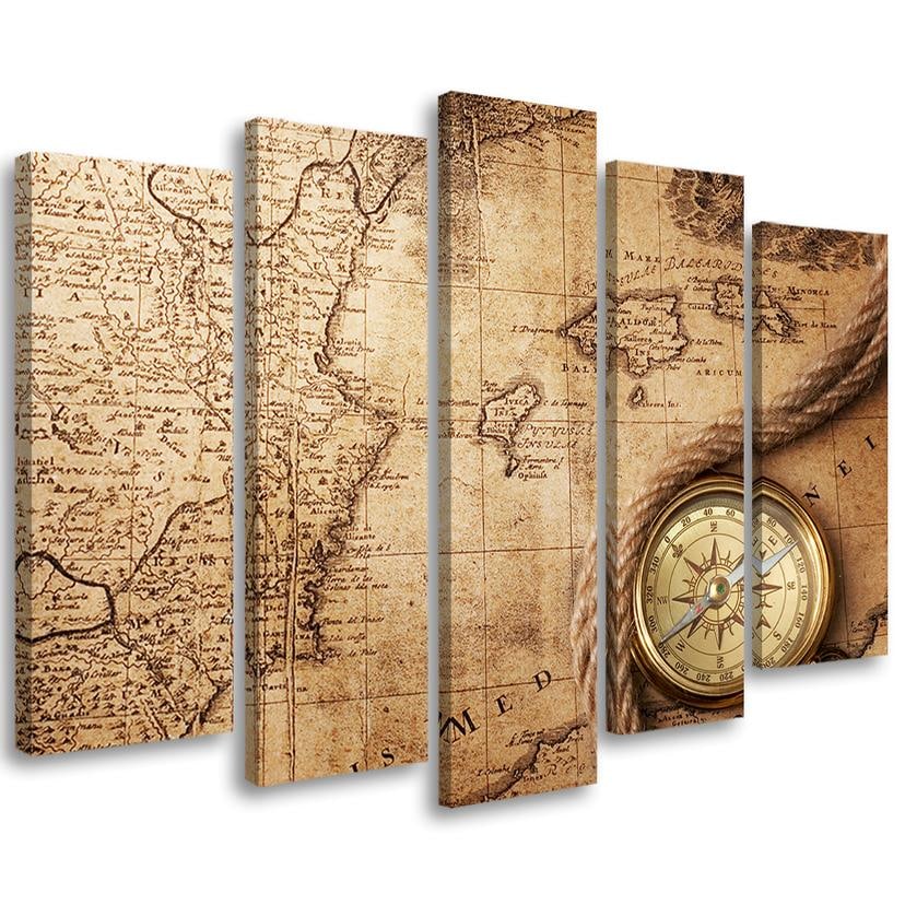 Impression sur toile en 5 parties, carte du monde rétro vintage