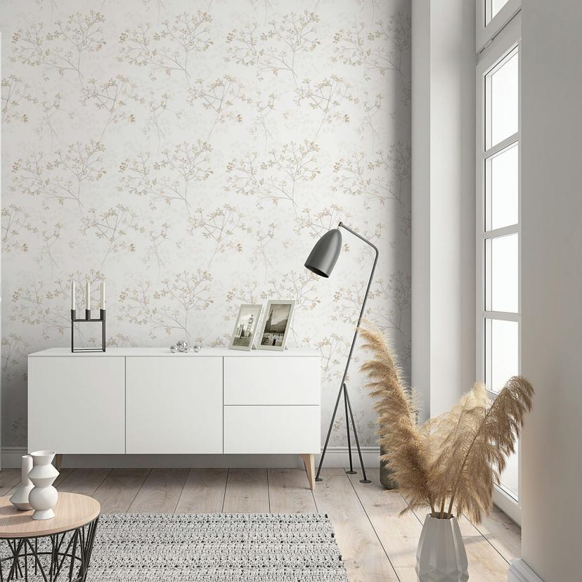 Ikke-vævet tapet blade blomstret natur mat i hvid beige
