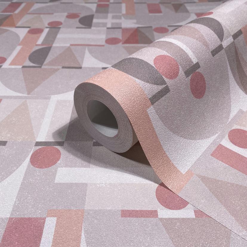 Non-woven tapet i grått beige rött moderna former grafiska geometriska