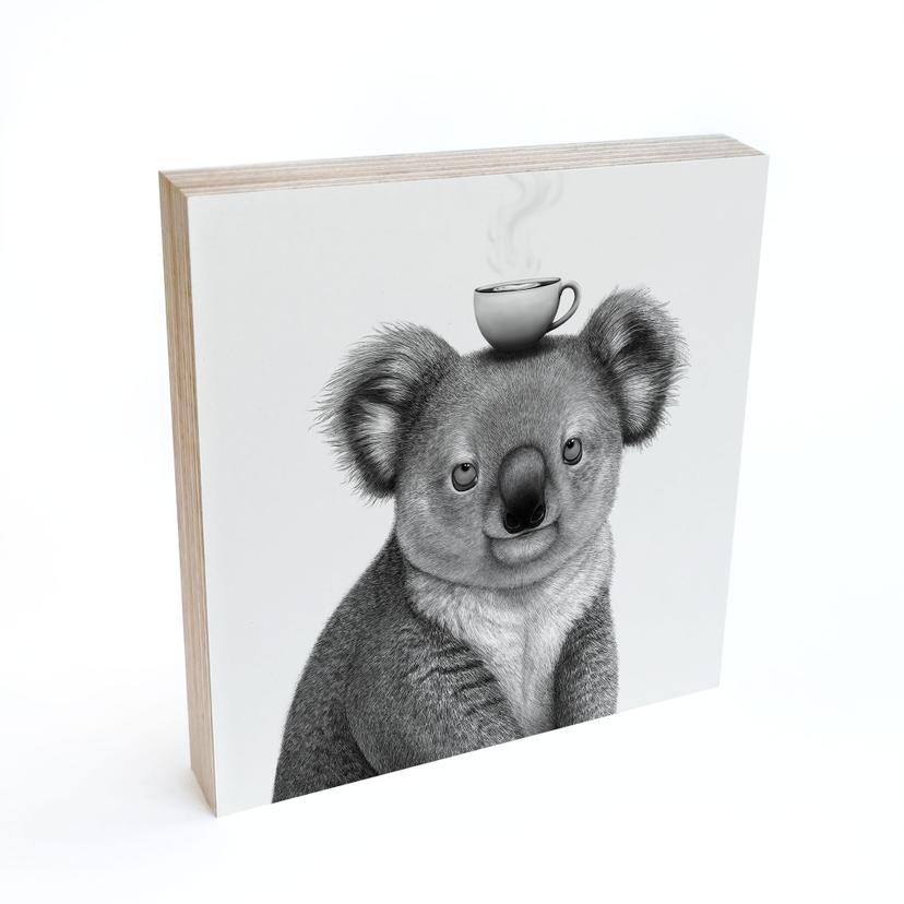 Tableau sur bois à poser - Koala avec café - Korenkova - 15x15 cm