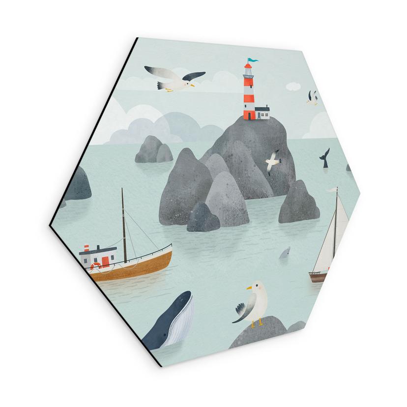 Hexagon Wanddecoratie Maritiem Kustmotief met Vuurtoren - Oliver Robins - Alu-Dibond