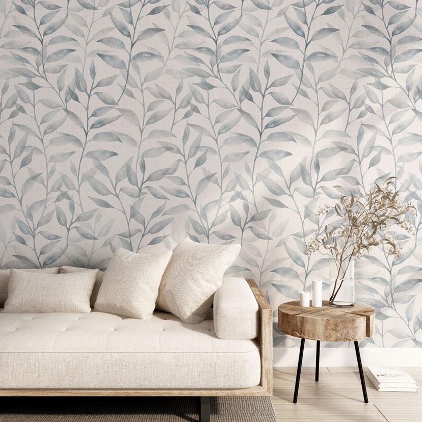 Papel Pintado Delicadas Hojas de Acuarela - Gris Suave - Bloomery Decor