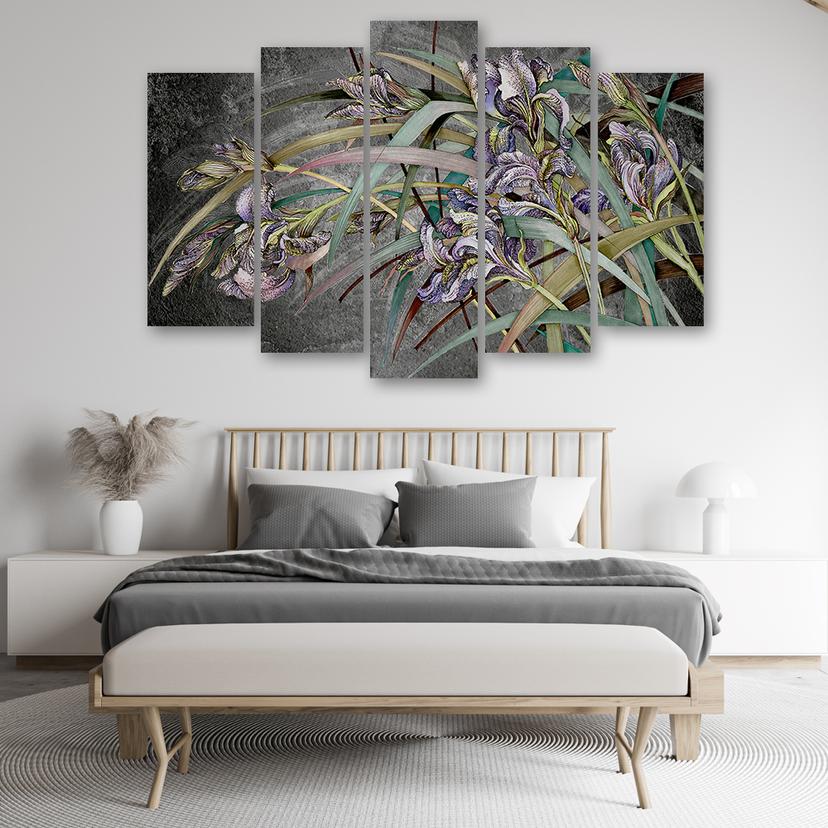 Stampa su tela 5 pezzi, fiori di iris nel vento