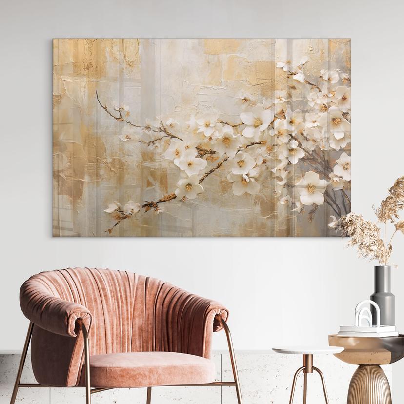Tableau sur verre acrylique Fleurs en branches sur or vintage - Paksoylu