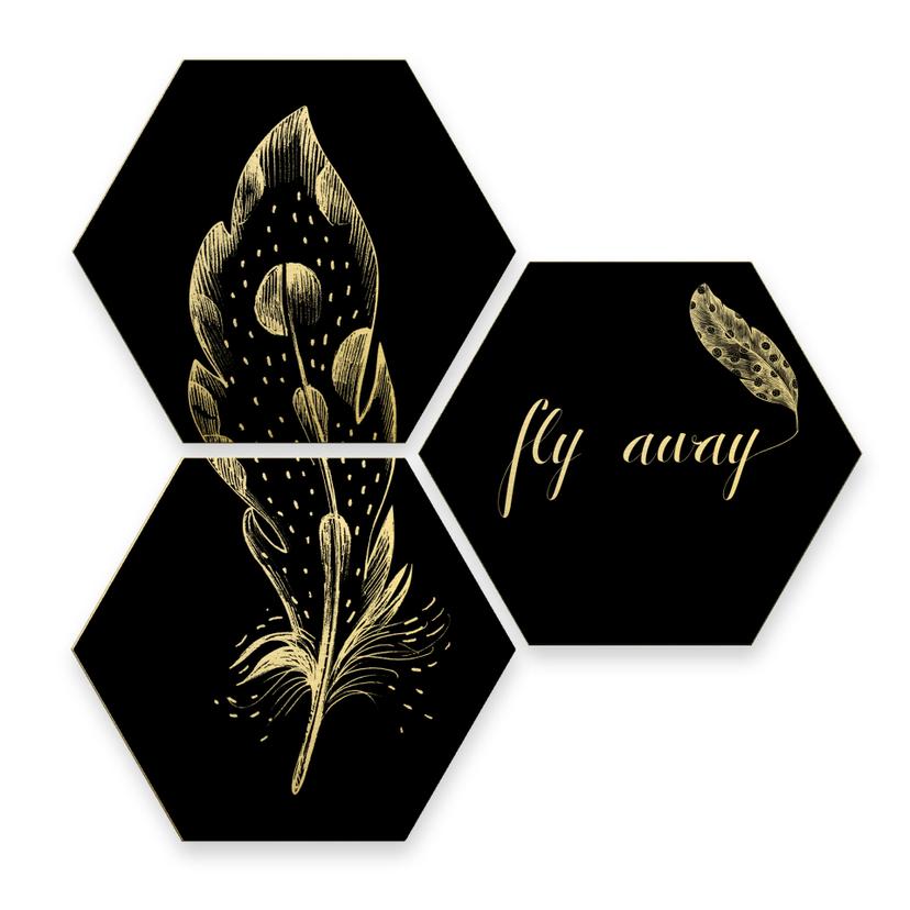 Hexagone - Alu-Dibond effet doré Kvilis - Fly away Set de 3