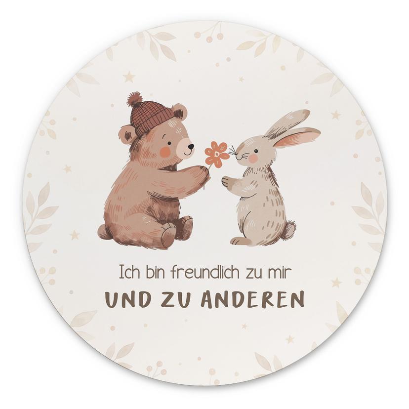 Rundes Alu-Dibond mit Bär und Hase - Selbstliebe-Spruch 'Ich bin freundlich'