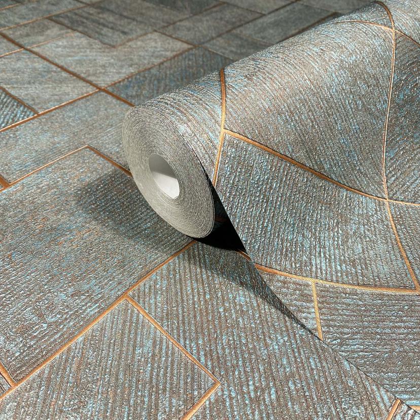 Papel pintado no tejido de color azul, cobre a cuadros, rombos gráficos geométricos