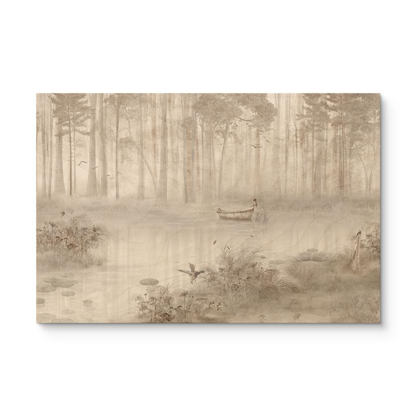 Houten Wanddecoratie bos bij het meer in beige mist - Ms Tiff
