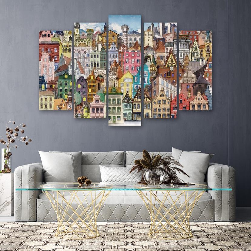 Stampa su tela 5 pezzi, Città felice