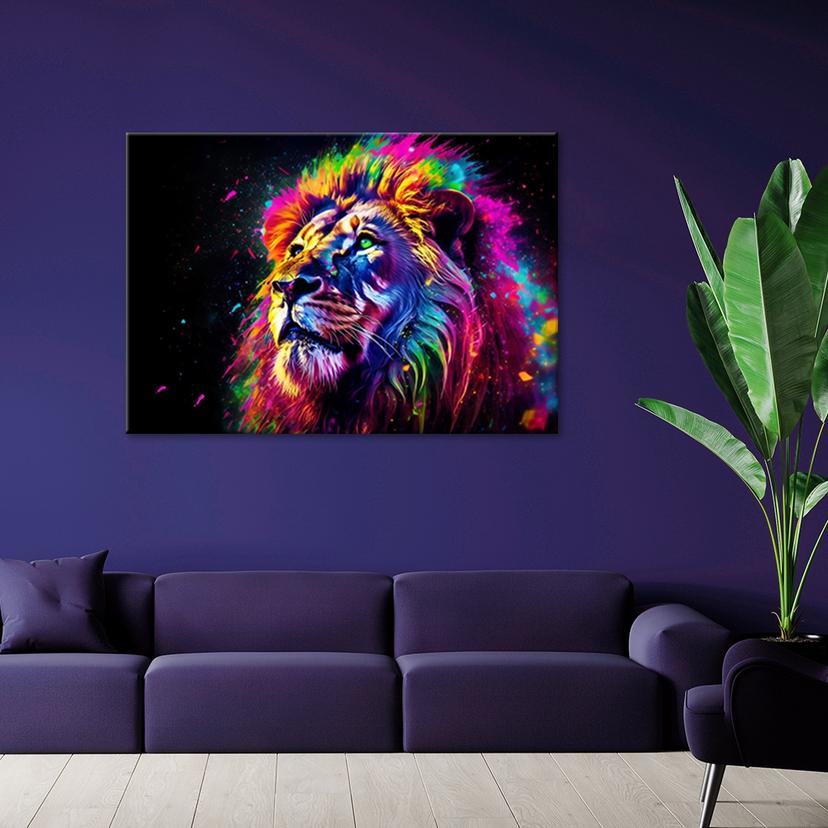 Quadro su tela Leone al neon colorato