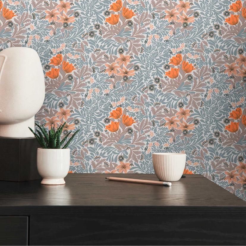 tapet med blomstermønster orange grå - tapet med blomster og blade