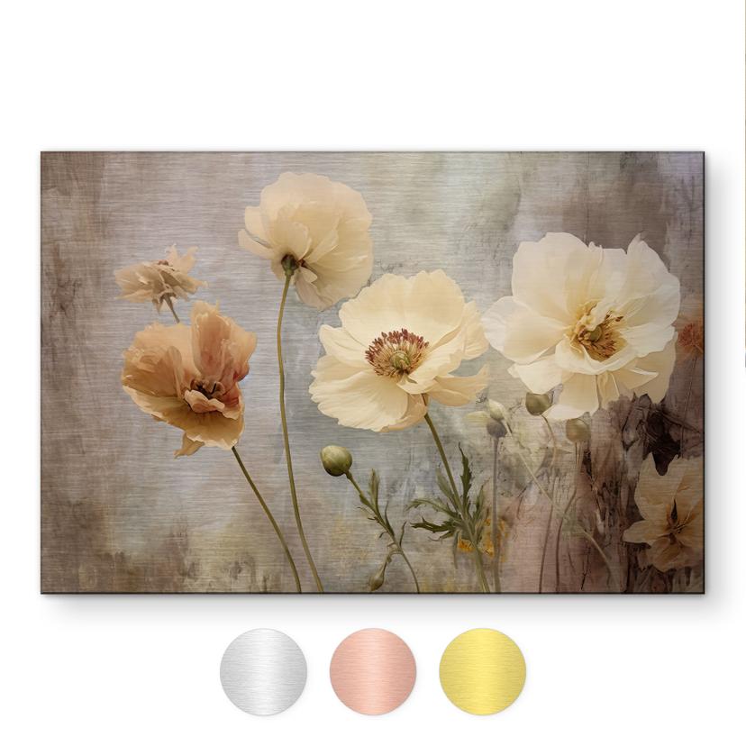 Alu-Dibond brossé avec Effet Doré, Argenté & Cuivré - Splendeur florale aux tons pastel chaleureux - Paksoylu