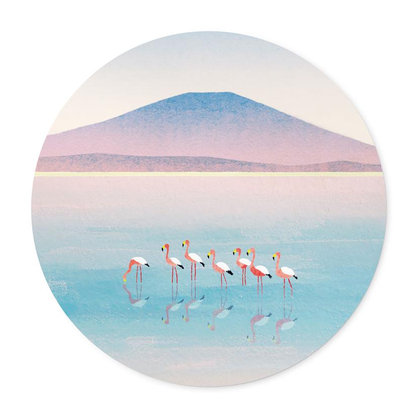 Poster Pastellfärgad sjö med flamingos - Rivers - Rund