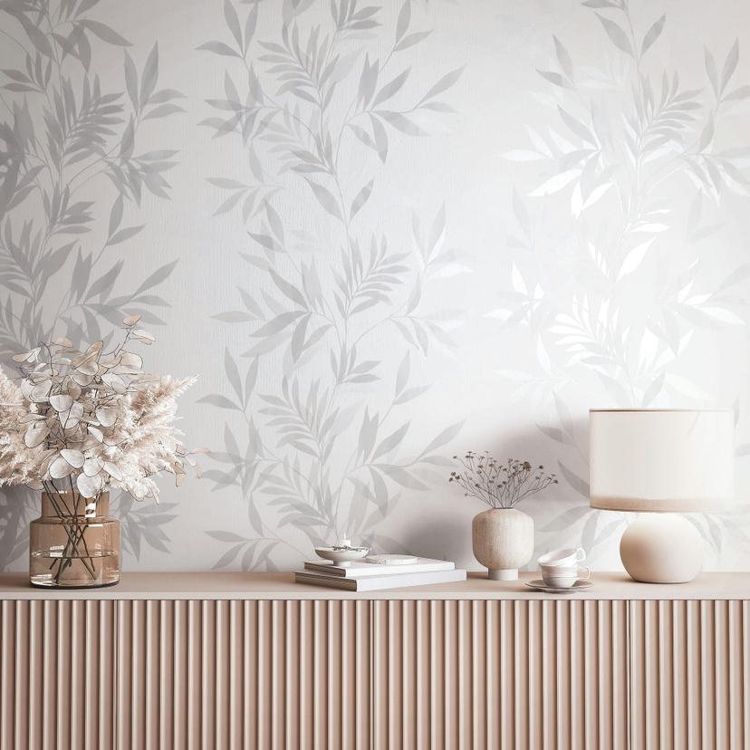 Non-woven tapet i hvid, grå bladmotiv bladlook blomstret natur