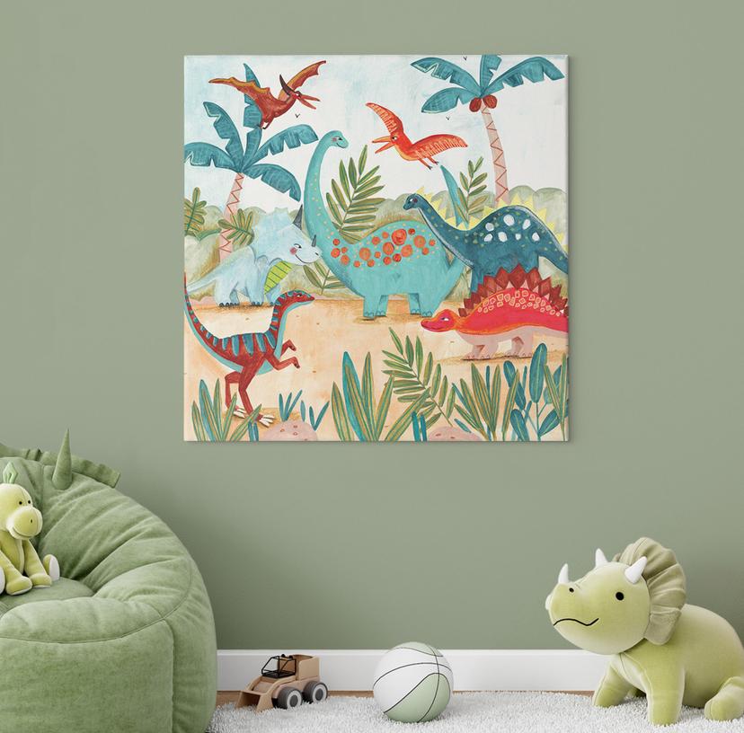 Stampe su tela Dinosauri colorati in una foresta primordiale | Decorazione per la camera dei bambini