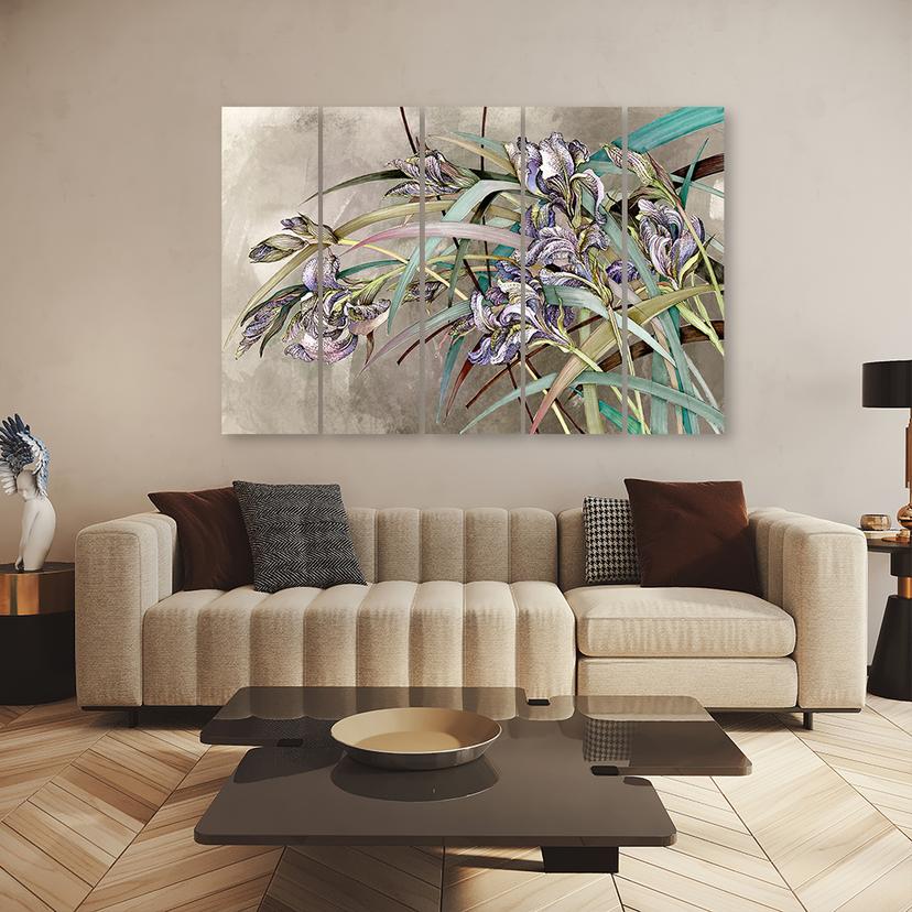 Stampa su tela 5 pezzi, fiori di iris nel vento