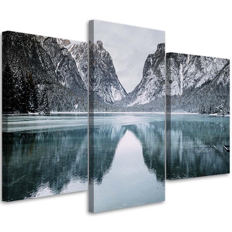 3 stykke lærredstryk, bjerglandskab sø