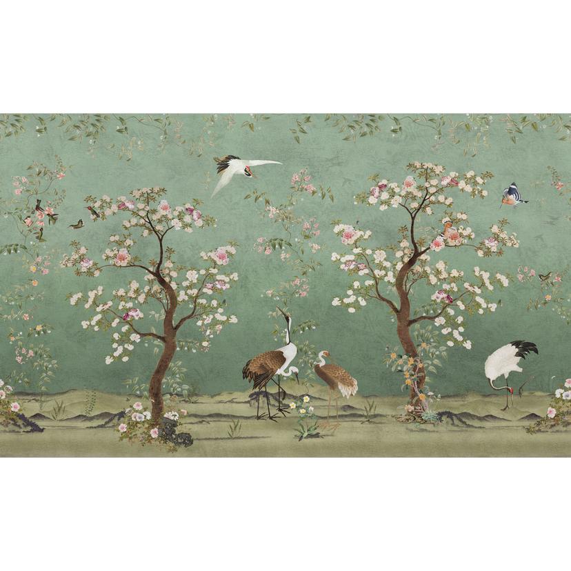Chinoiserie Fototapet Tranor i blommigt landskap - Bloomery Decor