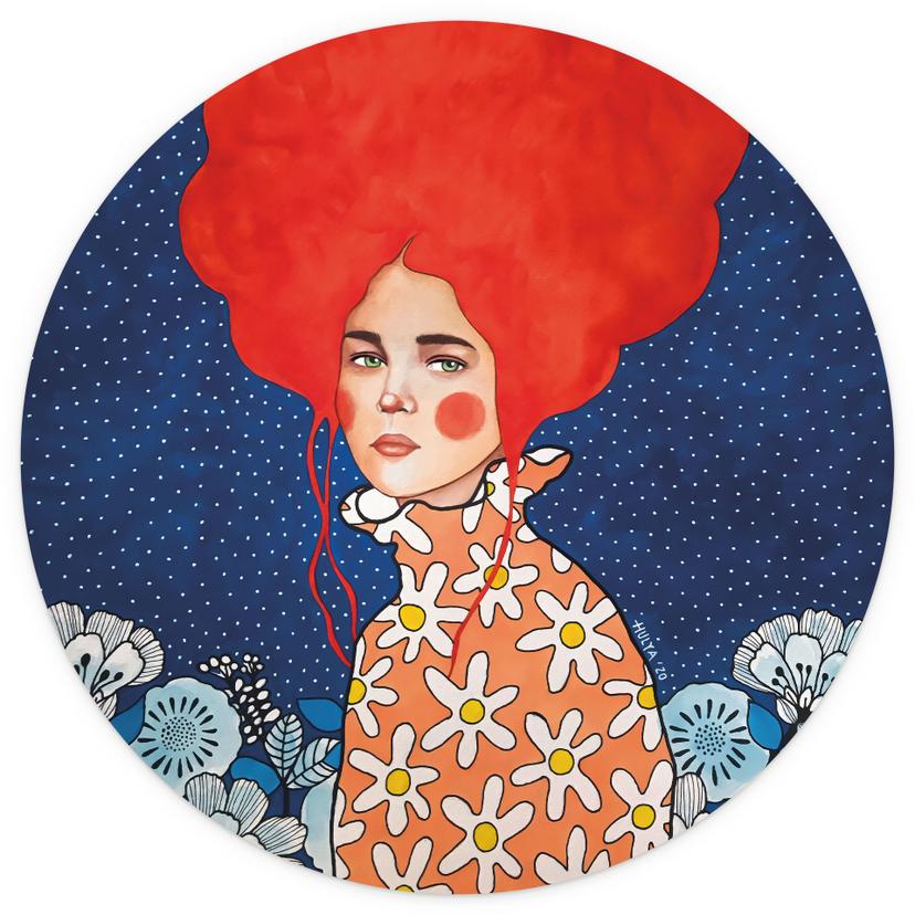 Fotomurale Donna con capelli rossi e fiori - Hülya - Rotondo - Autoadesivo/non tessuto