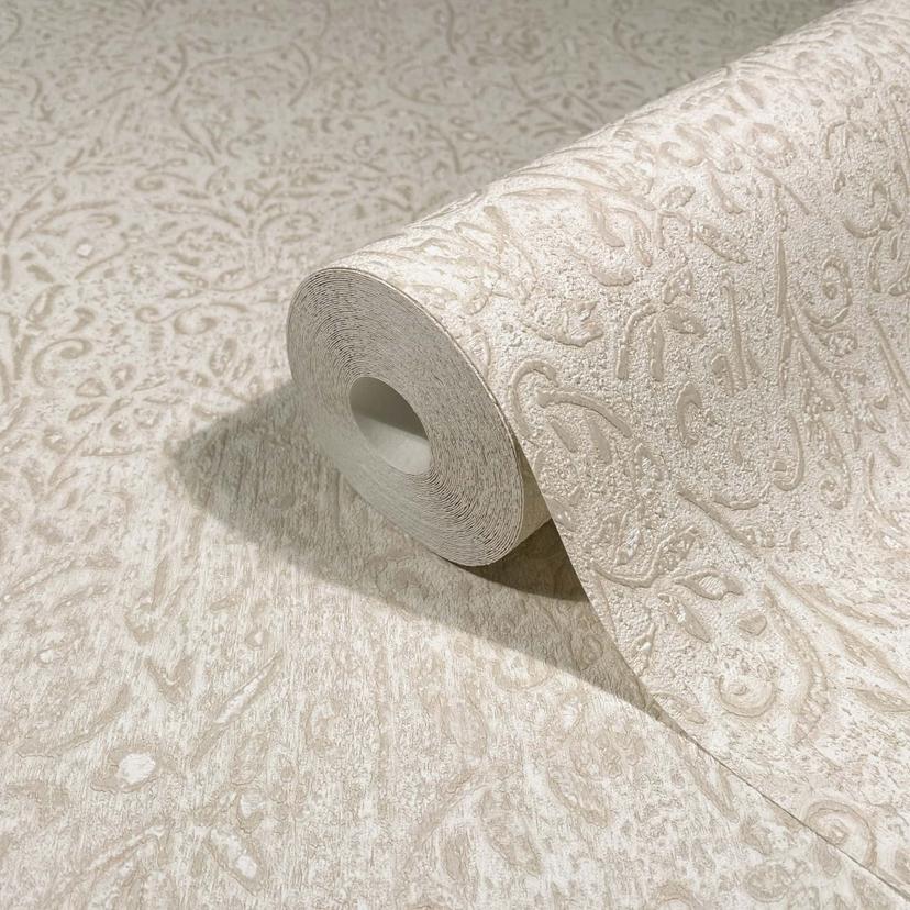Carta da parati in tessuto non tessuto beige con motivo a foglie e natura floreale