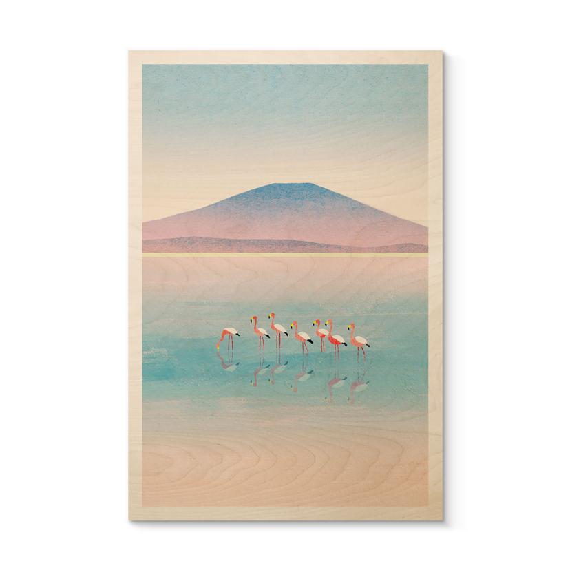 Houten Wanddecoratie Pastelkleurig meer met flamingo's - Rivers