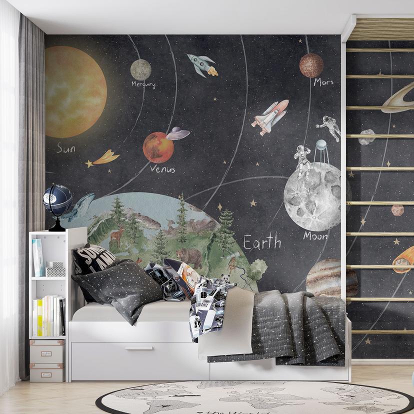 Fotobehang kinderkamer zonnestelsel met planeten en aarde - Ms Tiff