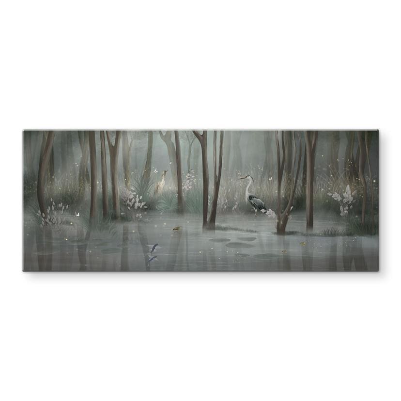 Spatscherm mistig bos bij het meer met reiger in het groen - Ms Tiff - Panorama