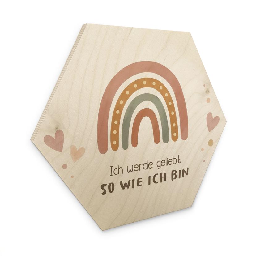 Holzbild Hexagon mit Boho-Regenbogen - Bestärkung 'Ich werde geliebt'