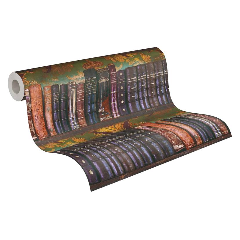 Papel pintado no tejido estantería vintage con libros antiguos y fondo ornamental