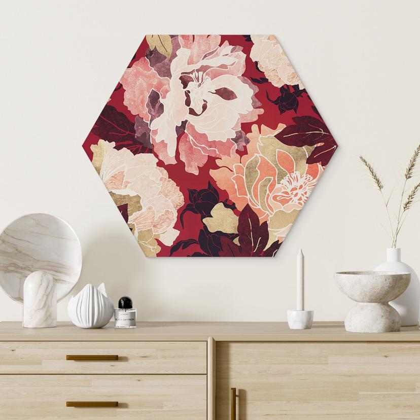 Esagono Alu-Dibond Peonie con fiori grandi - SpaceFrog Designs