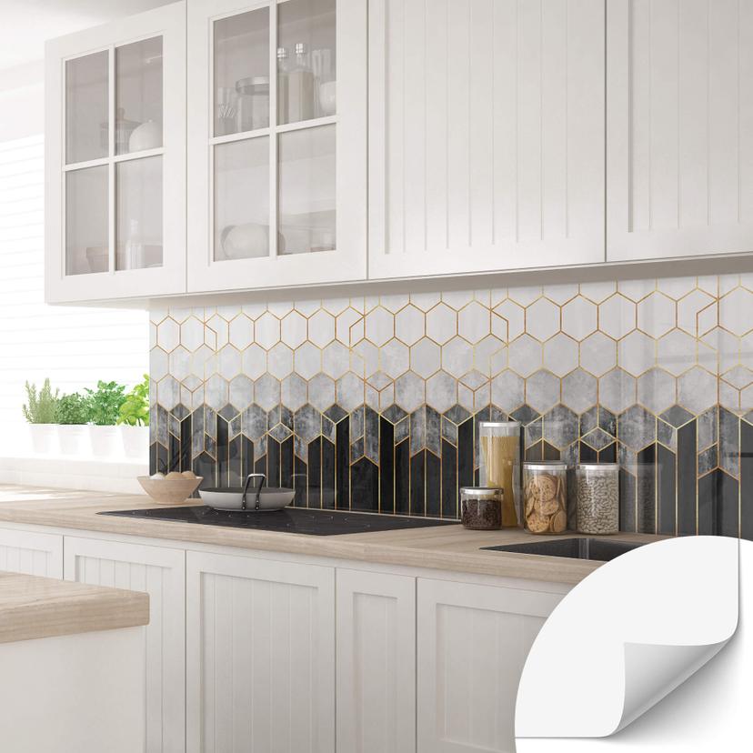 Salpicadero de cocina autoadhesivo Fredriksson - Hexágonos: negro y gris