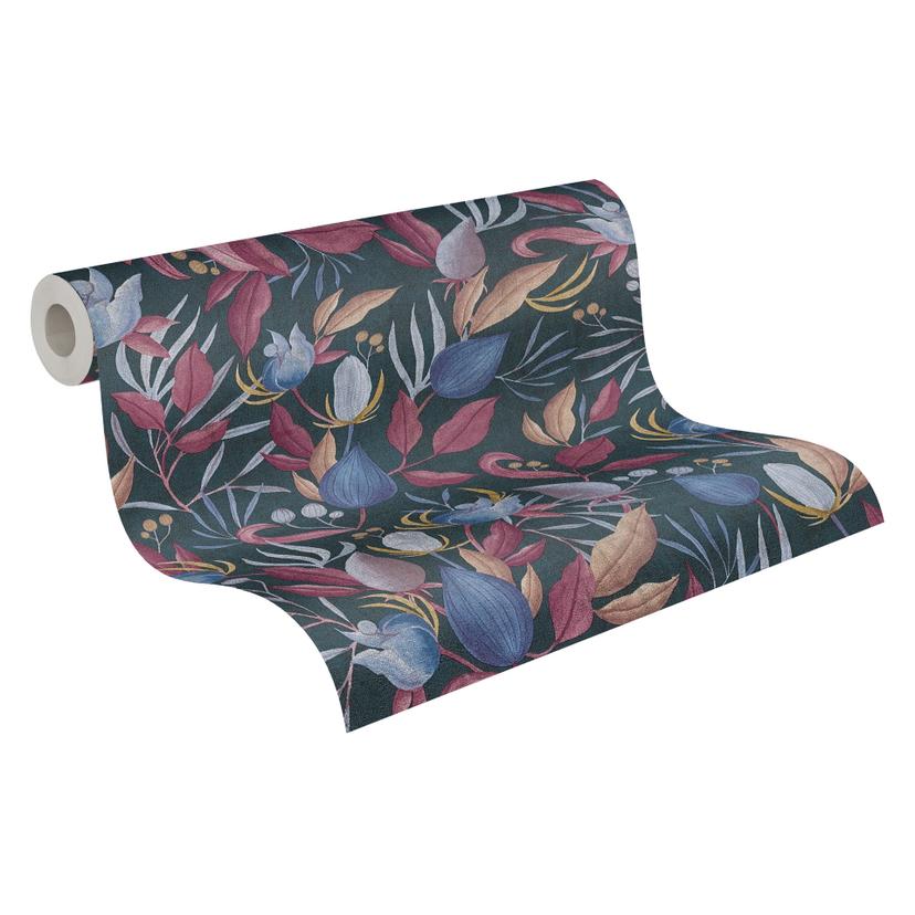 Carta da parati COSMOPOLITAN con design a foglie blu e rosso - Carta da parati moderna in tessuto no