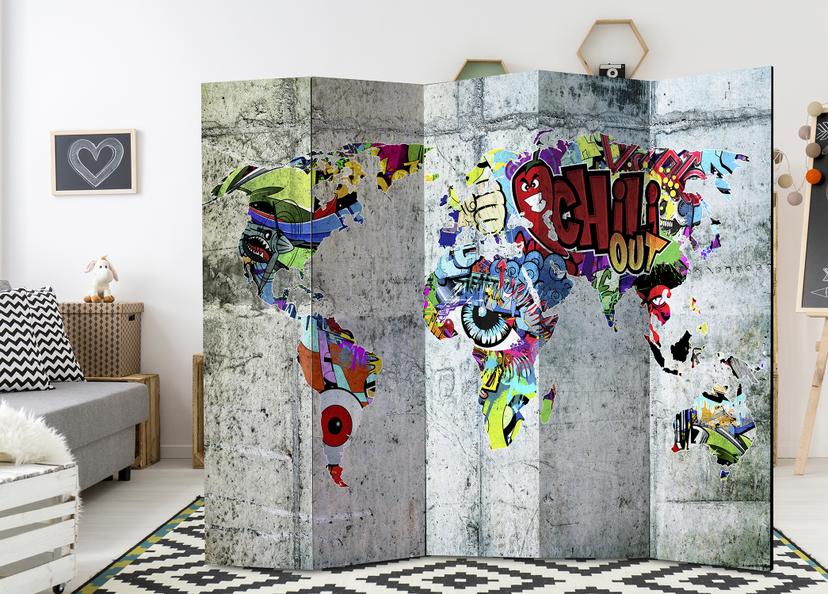 Divisorio per sala - Mappa del mondo - Graffiti del mondo, 5 pezzi - 225x172 cm