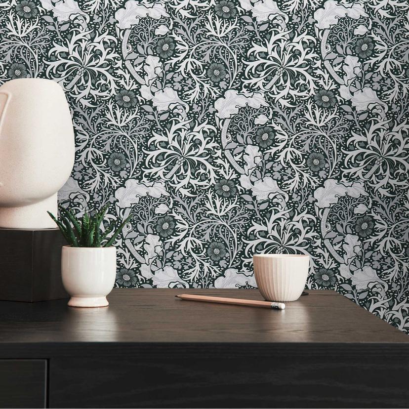 tapet med blomsterranker og blomster sort og hvid - non-woven blomstertapet
