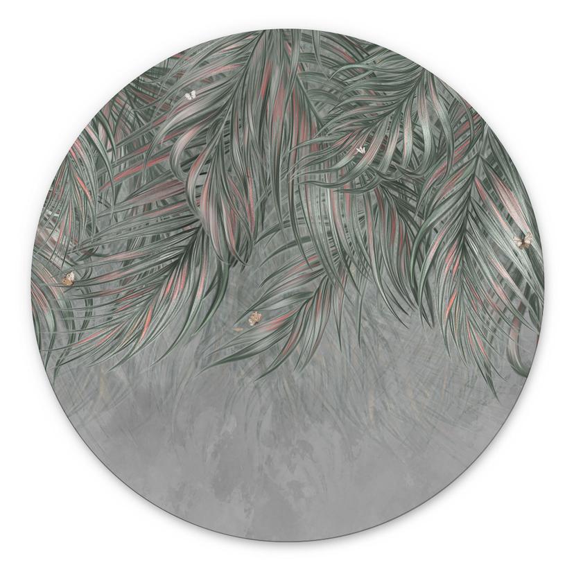 Wanddecoratie Exotische palmbladeren roze-groen - Ms Tiff - Alu-Dibond Rond