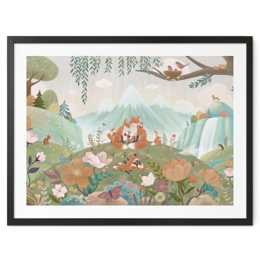 Poster Vossenfamilie op de Bloemenweide - Oliver Robins