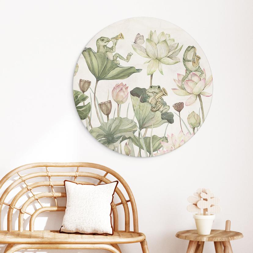Wandbild Frosch-Orchester auf Seerosen - Kikki Belle - Rund - Alu-Dibond