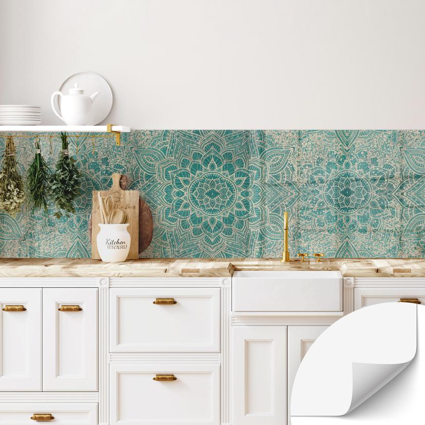 Selvklæbende stænkplade til køkken Mandala Boho guld-grøn - Bloomery Decor