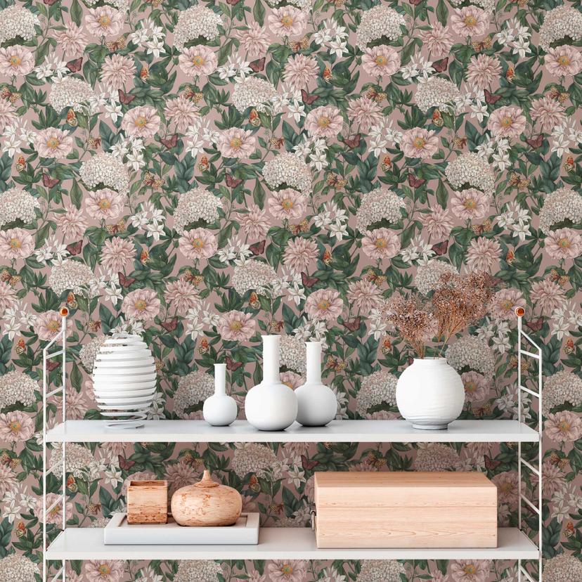 blomstertapet med sommerfugle lyserød grøn - non-woven tapet med lyse blomster