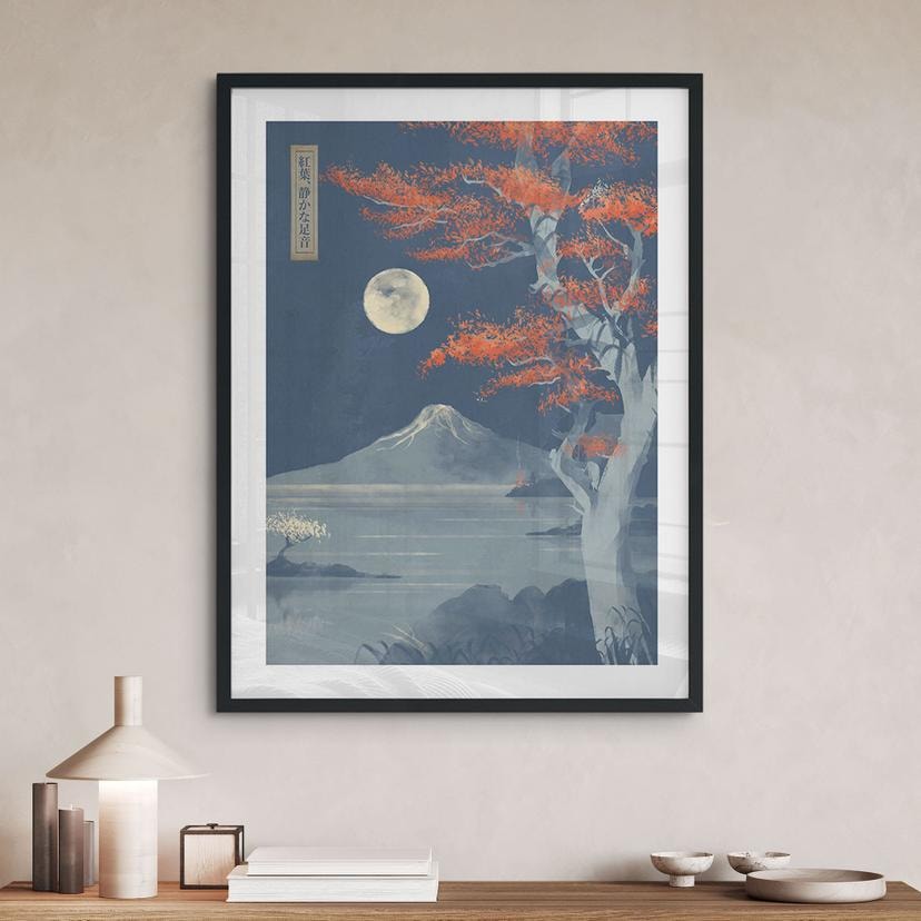 Poster Giappone - Luna piena sulla cima del Fuji-san - Roze