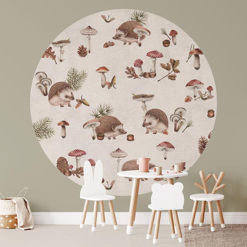 Papier peint photo Doux hérissons dans la forêt d'automne - Kikki Belle - Rond - papier peint intiss