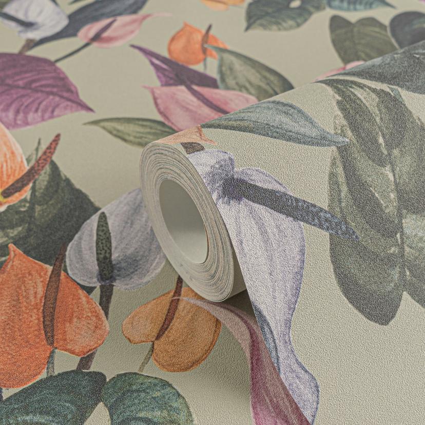 Papel pintado Floral anturios colorido verde beige - motivo floral tropical - Papel pintado no tejid