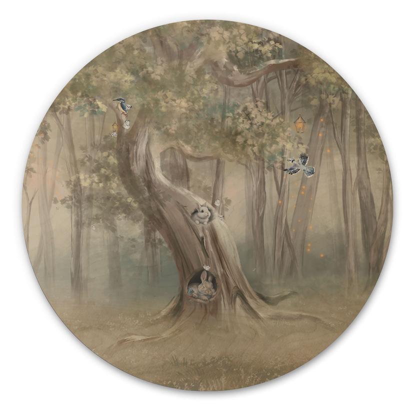 Houten Wanddecoratie schattige bosdieren tussen bomen - Ms Tiff - Rond