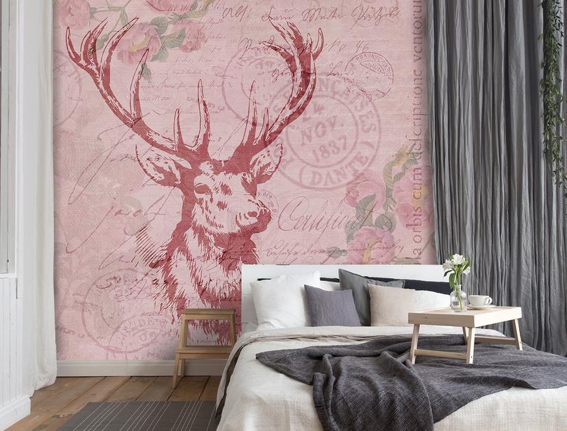 Fototapete, Shabby Chic Stil Hirsche auf rosa Hintergrund - Andrea Haase