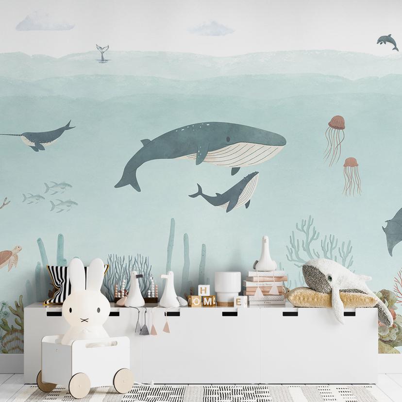 Papel pintado infantil Aventura submarina con animales marinos - azul - Oliver Robins