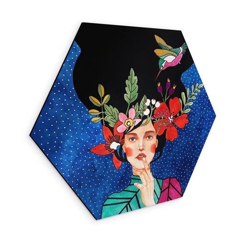 Tableaux hexagonaux Femme au colibri dans la nuit étoilée - Hülya - Alu-Dibond
