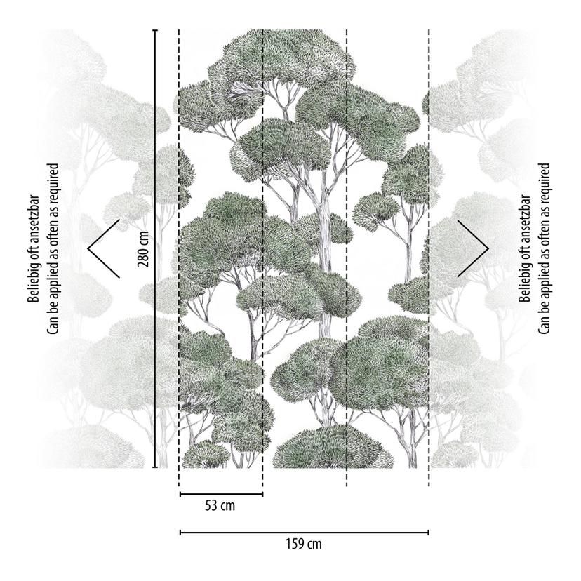 Carta da parati in tessuto non tessuto alberi della foresta verde bianco opaco estensibile 1,59 x 2,