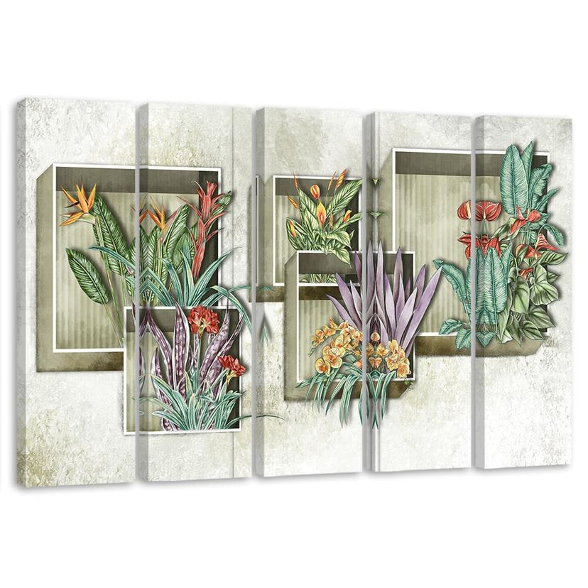 Impression sur toile en 5 parties, étagères carrées avec fleurs