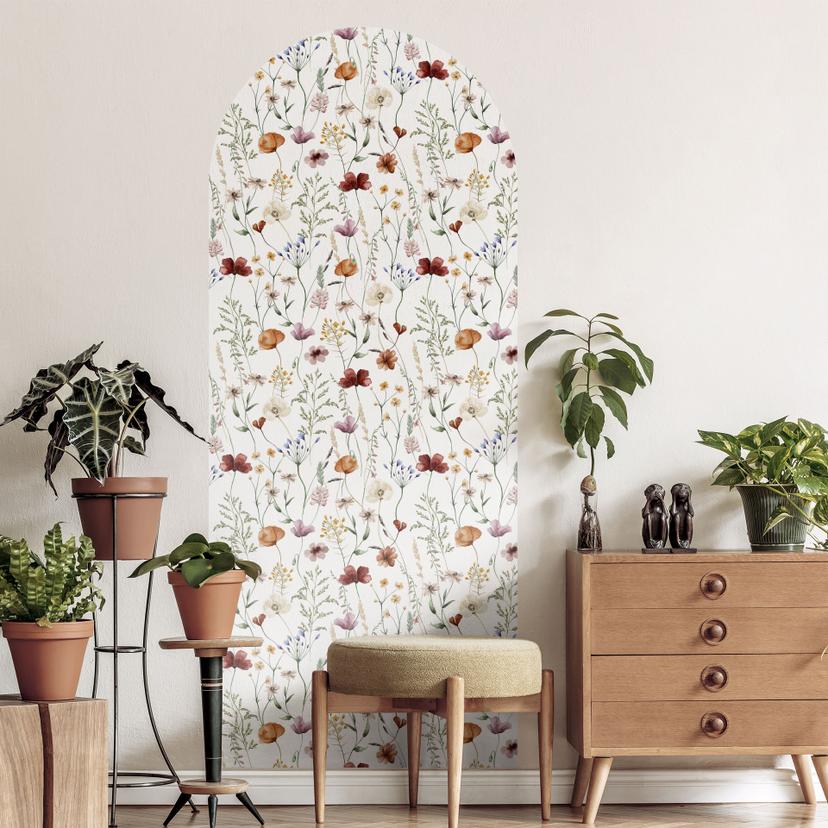 Wallsticker rundbue vægpanel farverige vilde blomster - UN Design - smal